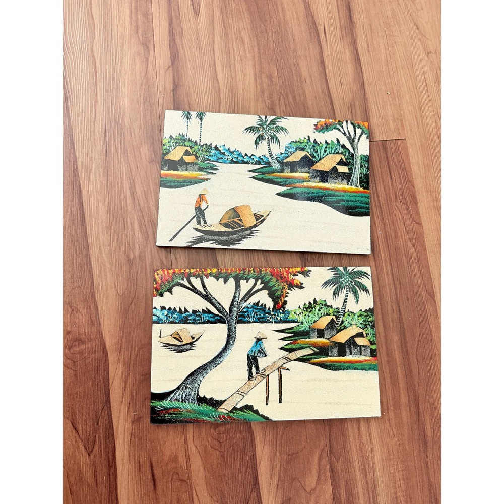 Vintage Vietnamese Lacquer Wood‎ Wall Art Set 2 River Landscape Village Scenes